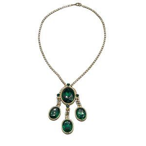 Rhinestones & Green Emerald Glass Stones Necklace Clear & Green Prong Set Stones
